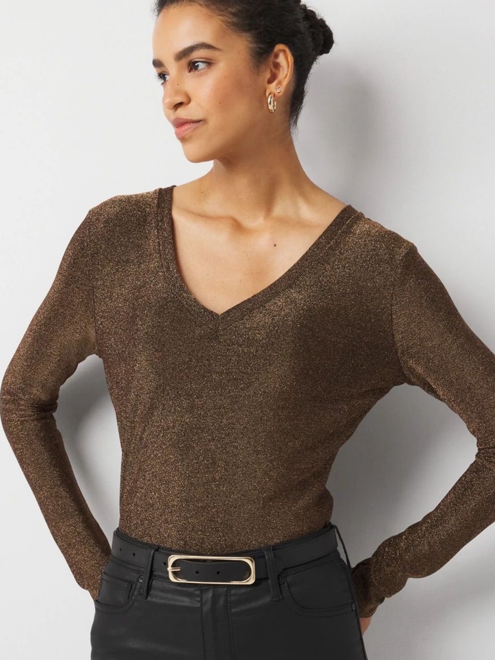 NWT WHBM Long Sleeve Metallic Sparkle Knit Blouse Top Antique Bronze S Holiday